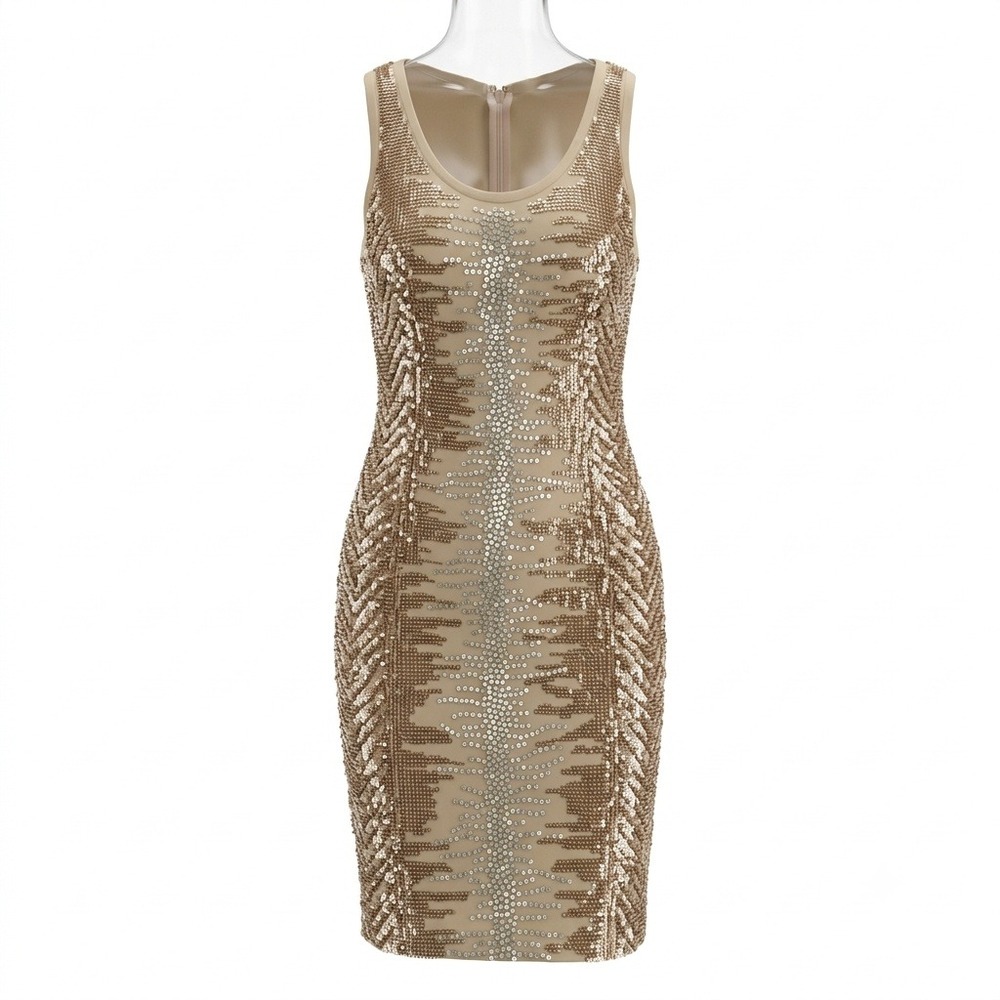 PAROSH NWT Made In Italy Gold Taupe Sequin Beaded Sheath Cocktail Dress US 2